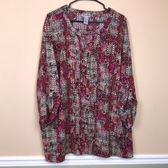 Catherines Women’s Boho Pattern Multi-Color Pleated Roll Sleeve Button-Up Blouse - Picture 1 of 10